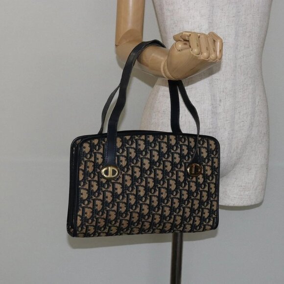 Christian Dior Trotter Canvas Hand Bag Navy Gold Auth 142435 - Picture 1 of 16